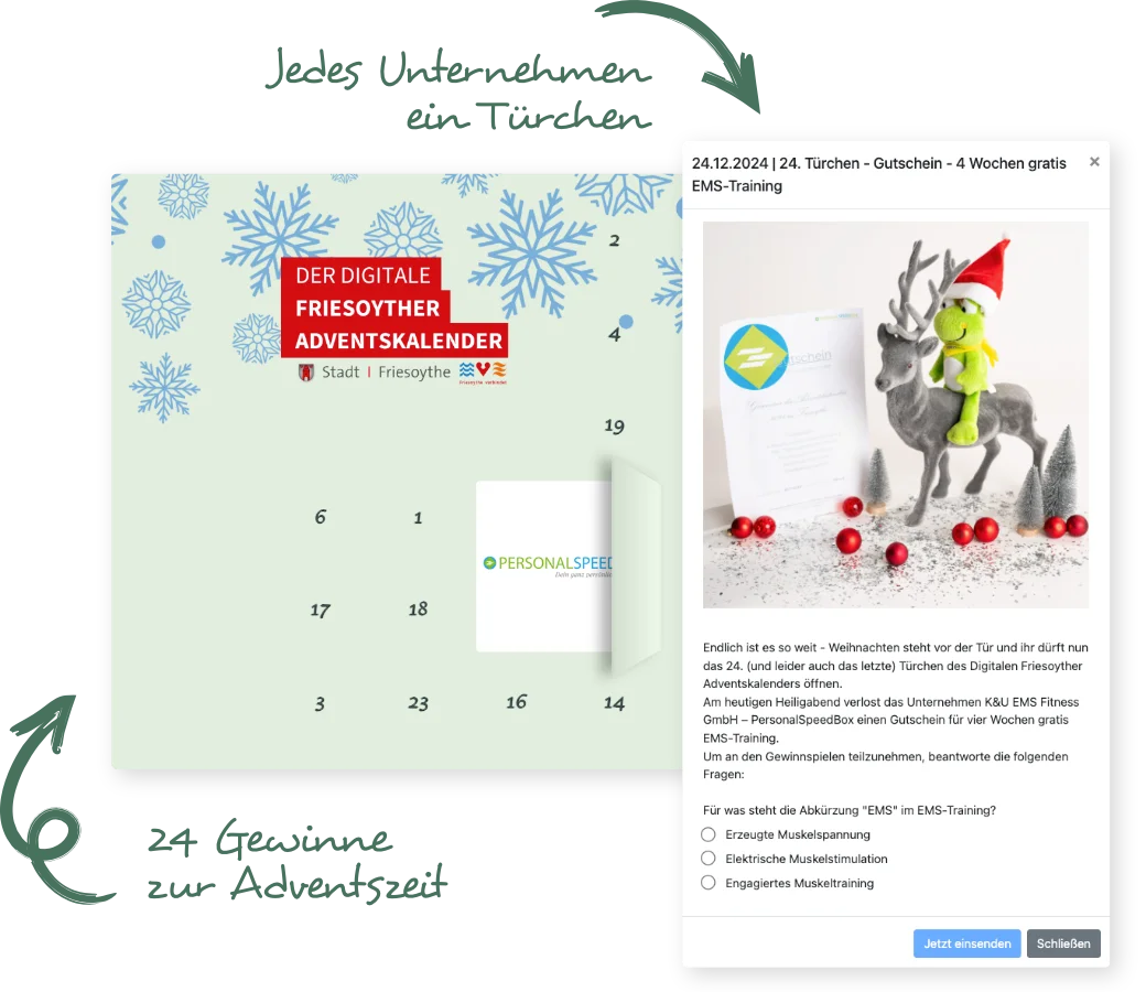 Digitaler Adventskalender der Stadt Friesoythe mit geöffnetem Gewinn-Türchen eines lokalen Unternehmens